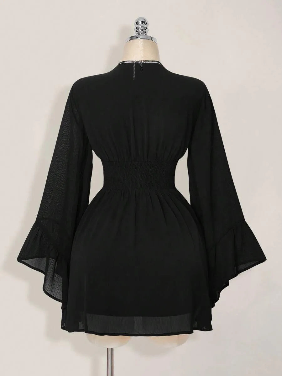 Elegant V-Neck Long Flare Sleeve Smocked Waist Chiffon Mini Dress