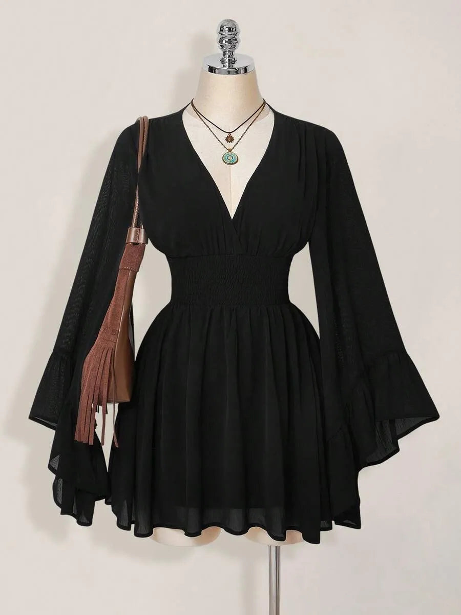 Elegant V-Neck Long Flare Sleeve Smocked Waist Chiffon Mini Dress