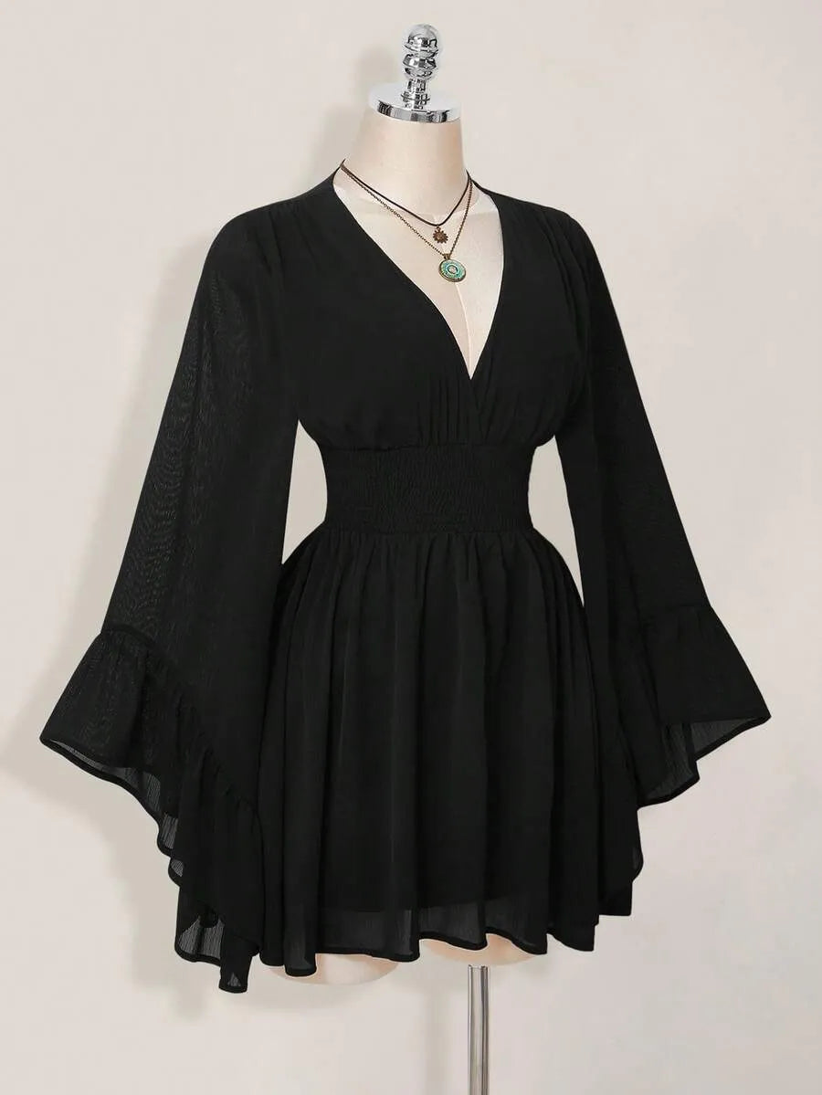 Elegant V-Neck Long Flare Sleeve Smocked Waist Chiffon Mini Dress