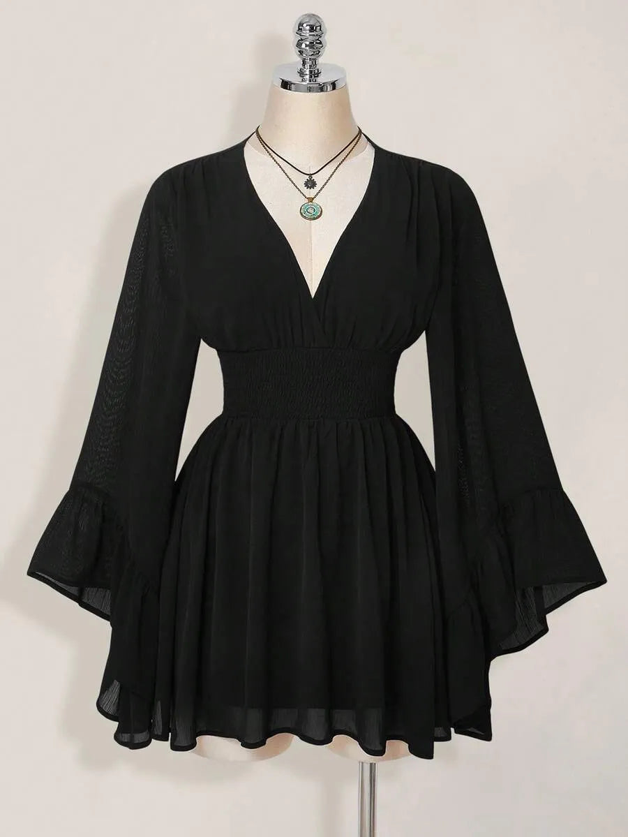 Elegant V-Neck Long Flare Sleeve Smocked Waist Chiffon Mini Dress
