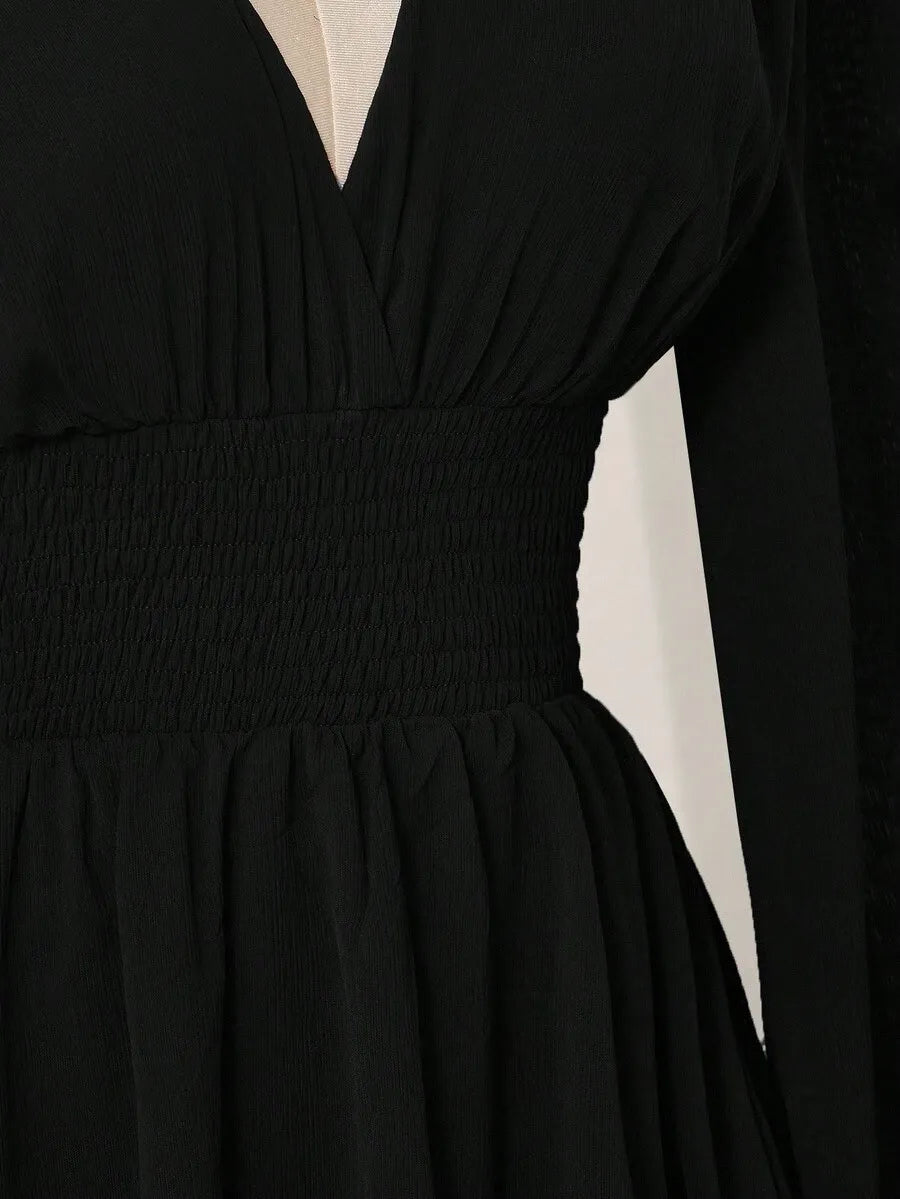 Elegant V-Neck Long Flare Sleeve Smocked Waist Chiffon Mini Dress