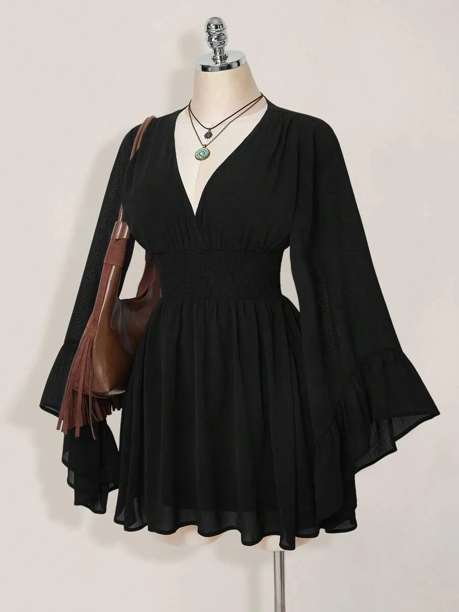 Elegant V-Neck Long Flare Sleeve Smocked Waist Chiffon Mini Dress