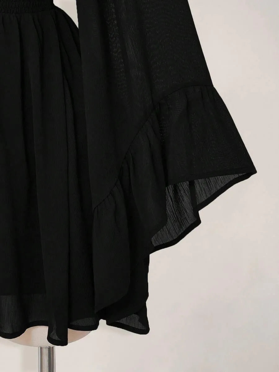 Elegant V-Neck Long Flare Sleeve Smocked Waist Chiffon Mini Dress
