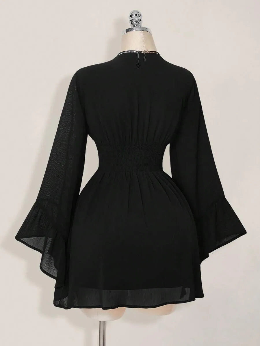 Elegant V-Neck Long Flare Sleeve Smocked Waist Chiffon Mini Dress