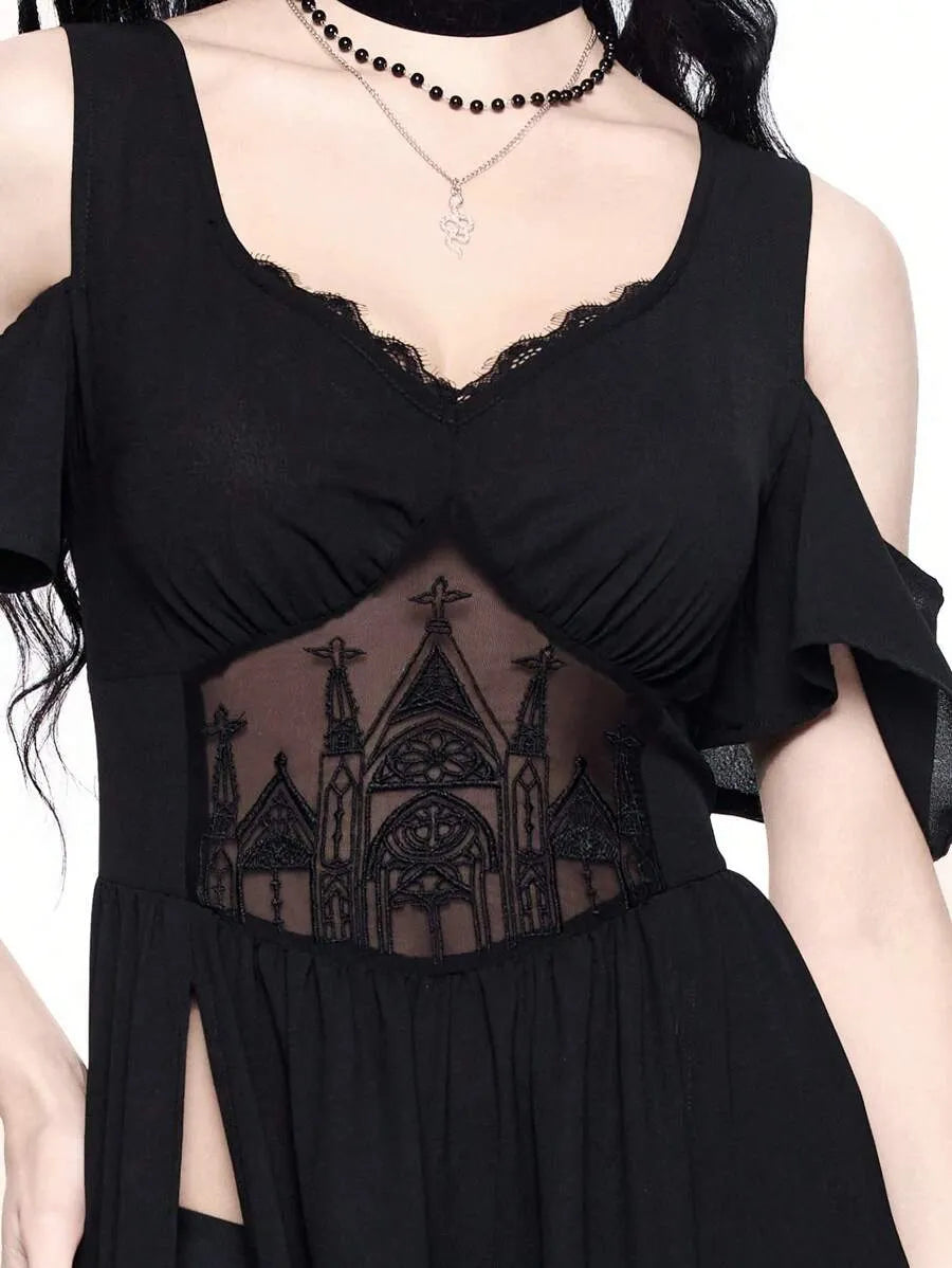 Gothic Cold-Shoulder Deep V-Neck High Split Maxi Party Dress