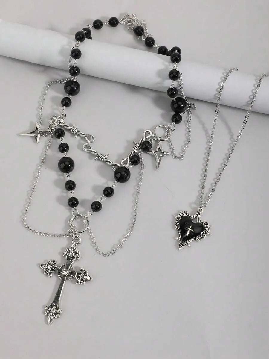 Gothic Layered Cross Heart Pendant Faux Pearl Beaded Punk Necklace Set