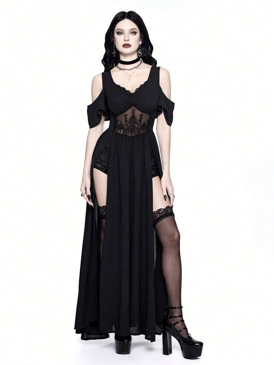 Gothic Cold-Shoulder Deep V-Neck High Split Maxi Party Dress