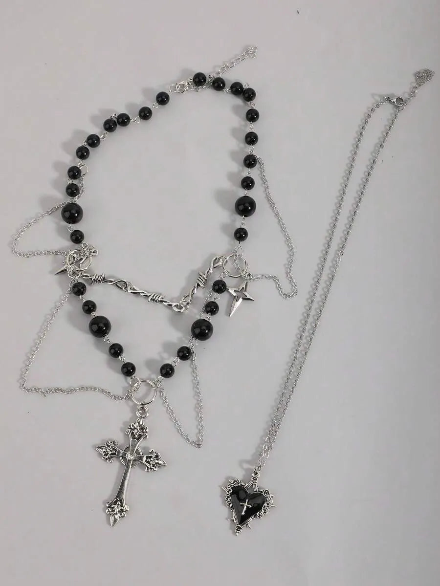 Gothic Layered Cross Heart Pendant Faux Pearl Beaded Punk Necklace Set
