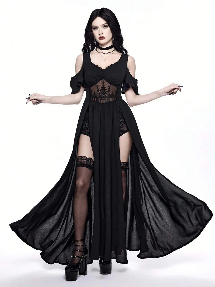 Gothic Cold-Shoulder Deep V-Neck High Split Maxi Party Dress