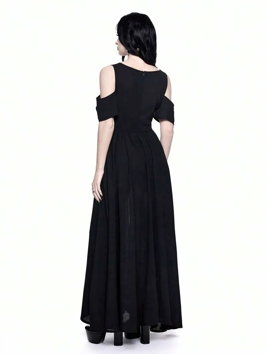 Gothic Cold-Shoulder Deep V-Neck High Split Maxi Party Dress