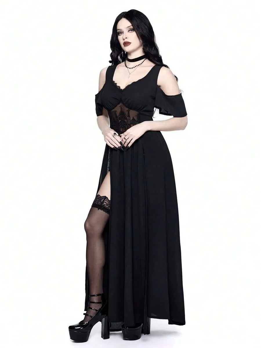 Gothic Cold-Shoulder Deep V-Neck High Split Maxi Party Dress