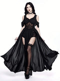 Gothic Cold-Shoulder Deep V-Neck High Split Maxi Party Dress