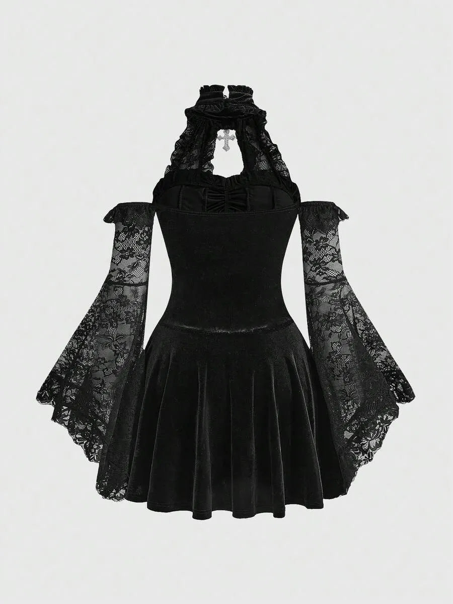 Gothic Mock Neck Velvet Lace Patchwork Flare Sleeve Corset Mini Dress