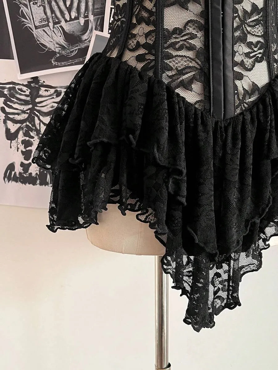 Vintage Y2K Off-Shoulder Asymmetric Black Lace Mini Corset Dress