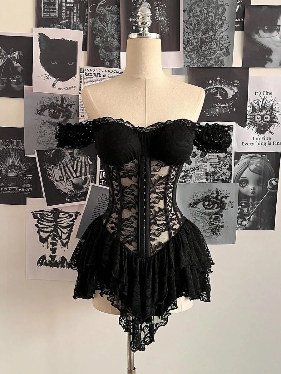Vintage Y2K Off-Shoulder Asymmetric Black Lace Mini Corset Dress