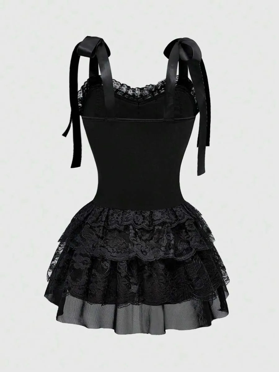 Vintage Gothic Velvet Corset Tiered Lace Cami Mini Dress