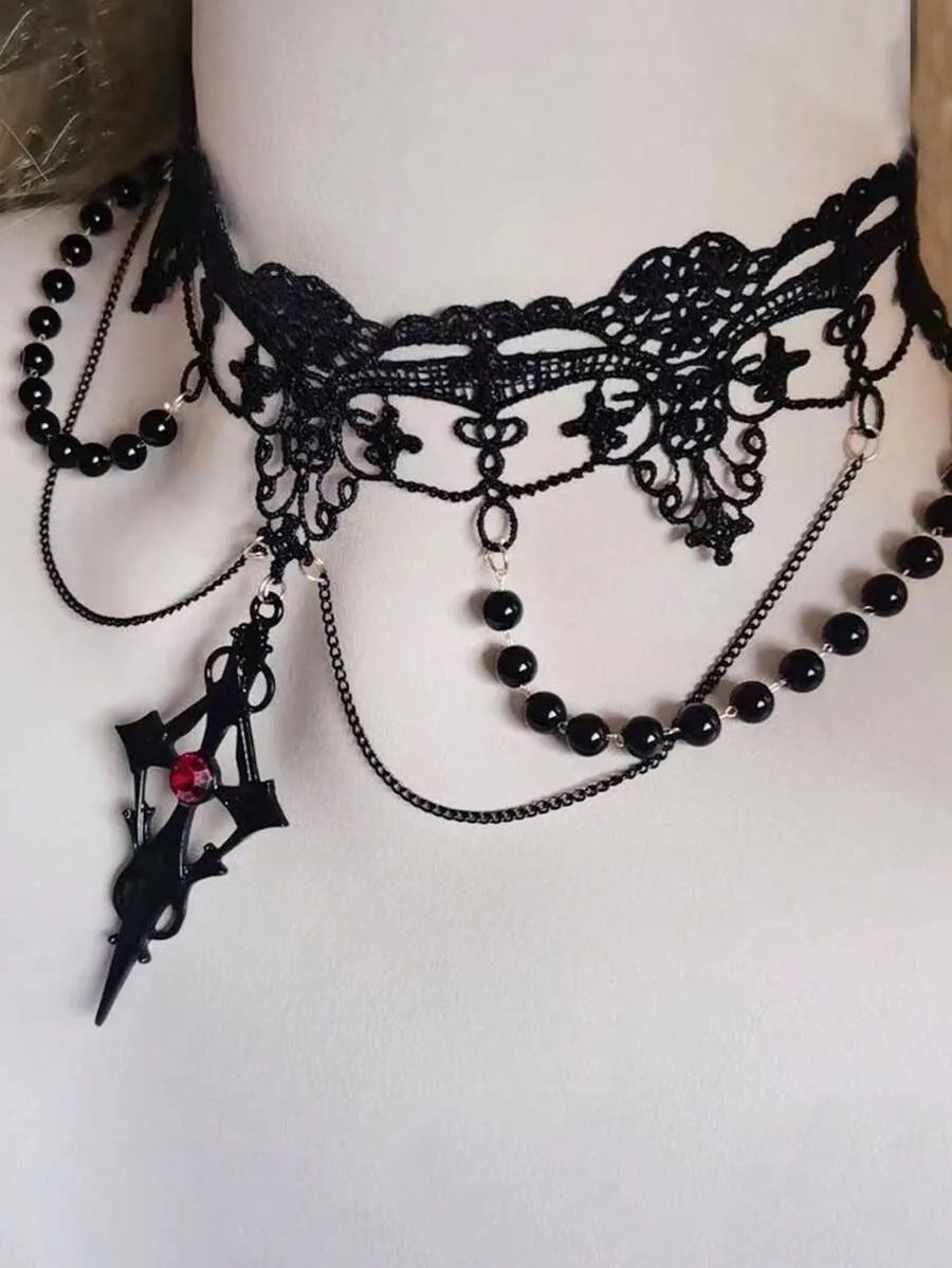 Gothic Black Lace Tassel Choker Necklace With Rhinestone Cross Pendant