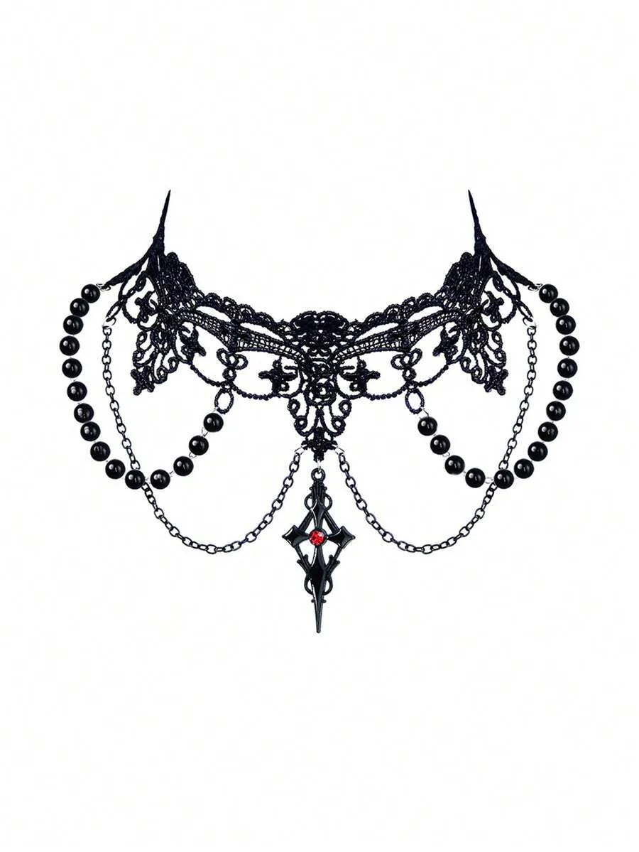Gothic Black Lace Tassel Choker Necklace With Rhinestone Cross Pendant