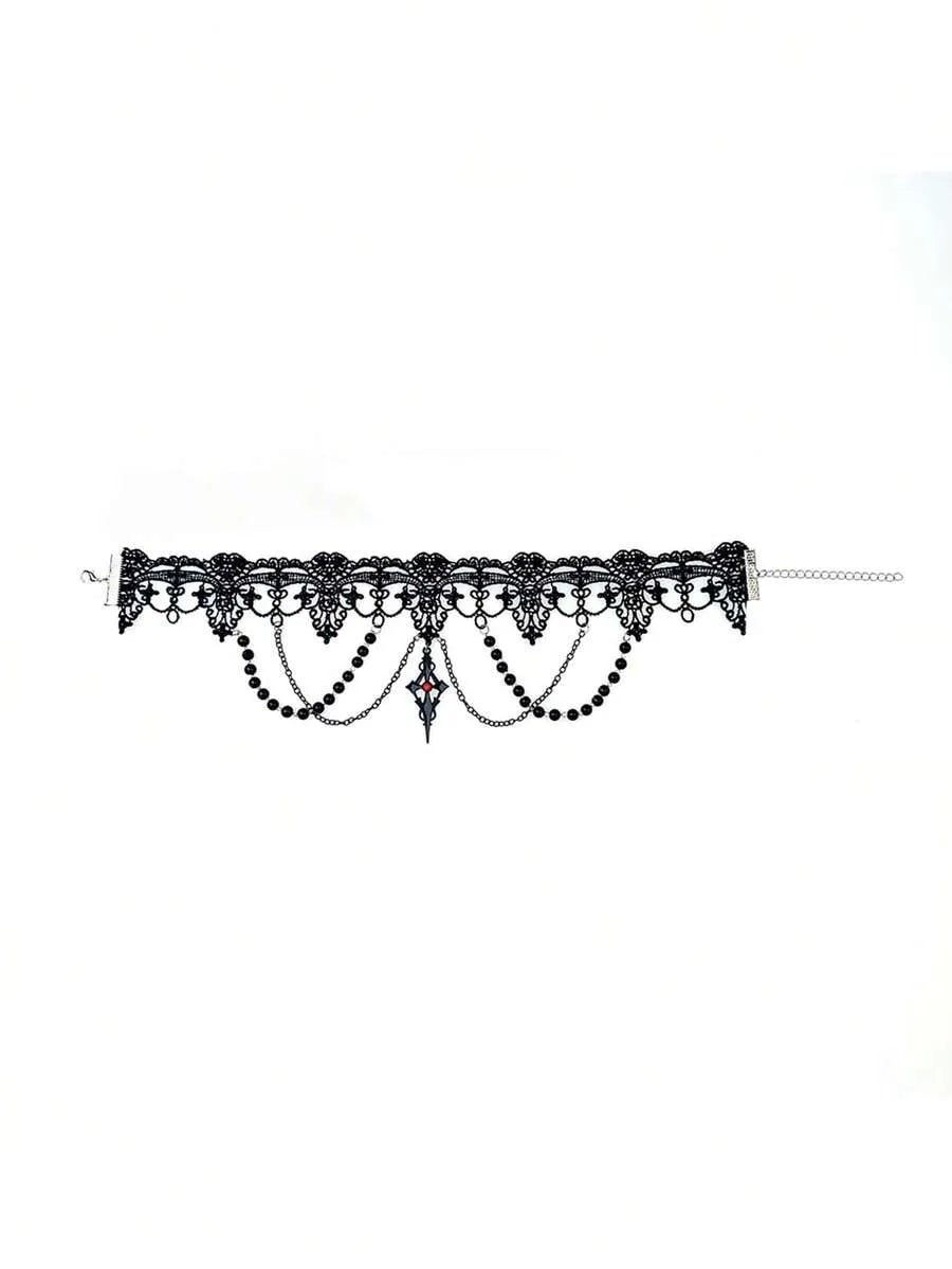 Gothic Black Lace Tassel Choker Necklace With Rhinestone Cross Pendant