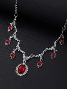 Vintage Victorian Gothic Butterfly Red Gemstone Vampire Blood Drop Choker Necklace