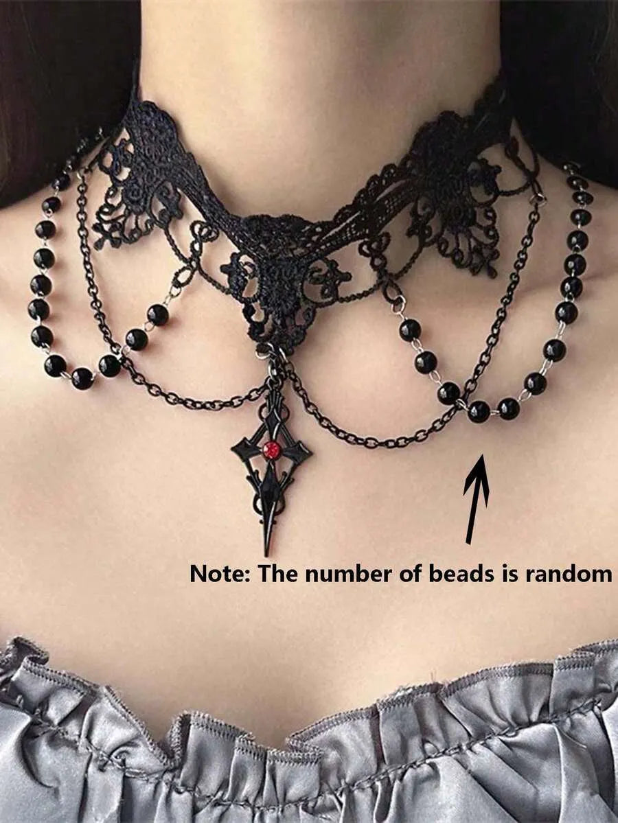 Gothic Black Lace Tassel Choker Necklace With Rhinestone Cross Pendant