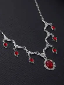 Vintage Victorian Gothic Butterfly Red Gemstone Vampire Blood Drop Choker Necklace