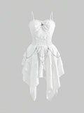 Gothic Asymmetric Layered Hem White Cami Dress With Detachable Metal Chains