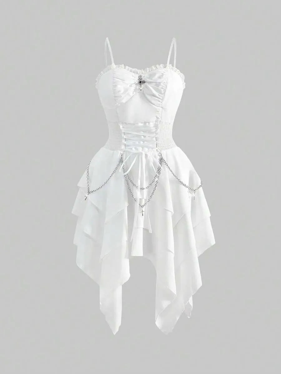 Gothic Asymmetric Layered Hem White Cami Dress With Detachable Metal Chains