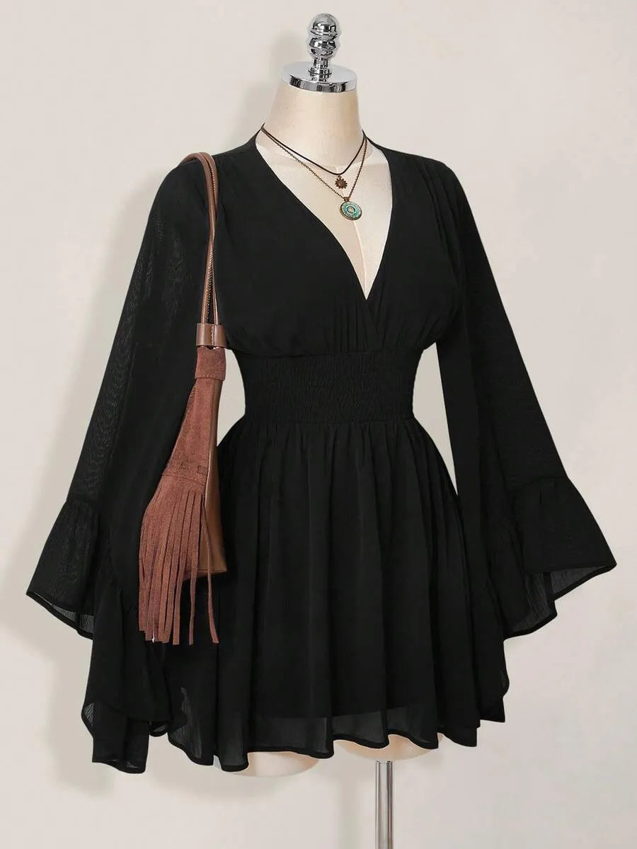 Elegant V-Neck Long Flare Sleeve Smocked Waist Chiffon Mini Dress