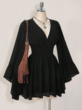 Elegant V-Neck Long Flare Sleeve Smocked Waist Chiffon Mini Dress