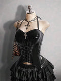 Gothic Dark Y2K Halter PU Leather Corset Top With Cross Rhinestone